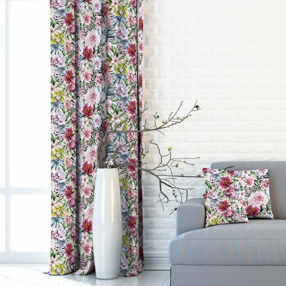 Zasłona w kwiaty na taśmie marszczącej Velvet Deco Druk 2