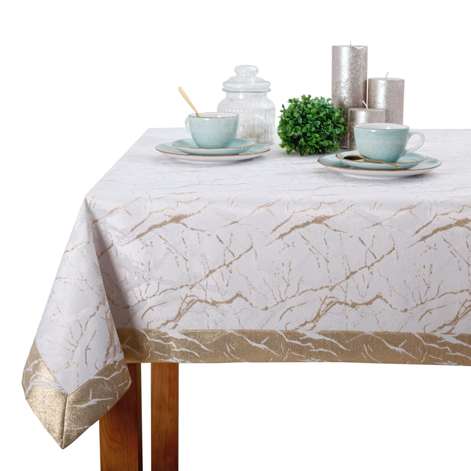 Elegancki Obrus Plamoodporny Kremowo-Złoty, Szyty Kopertowo