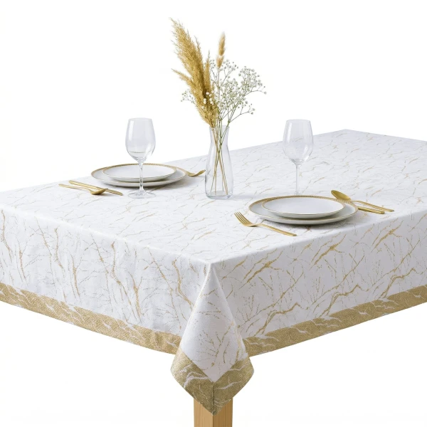 Elegancki Obrus Plamoodporny Kremowo-Złoty, Szyty Kopertowo