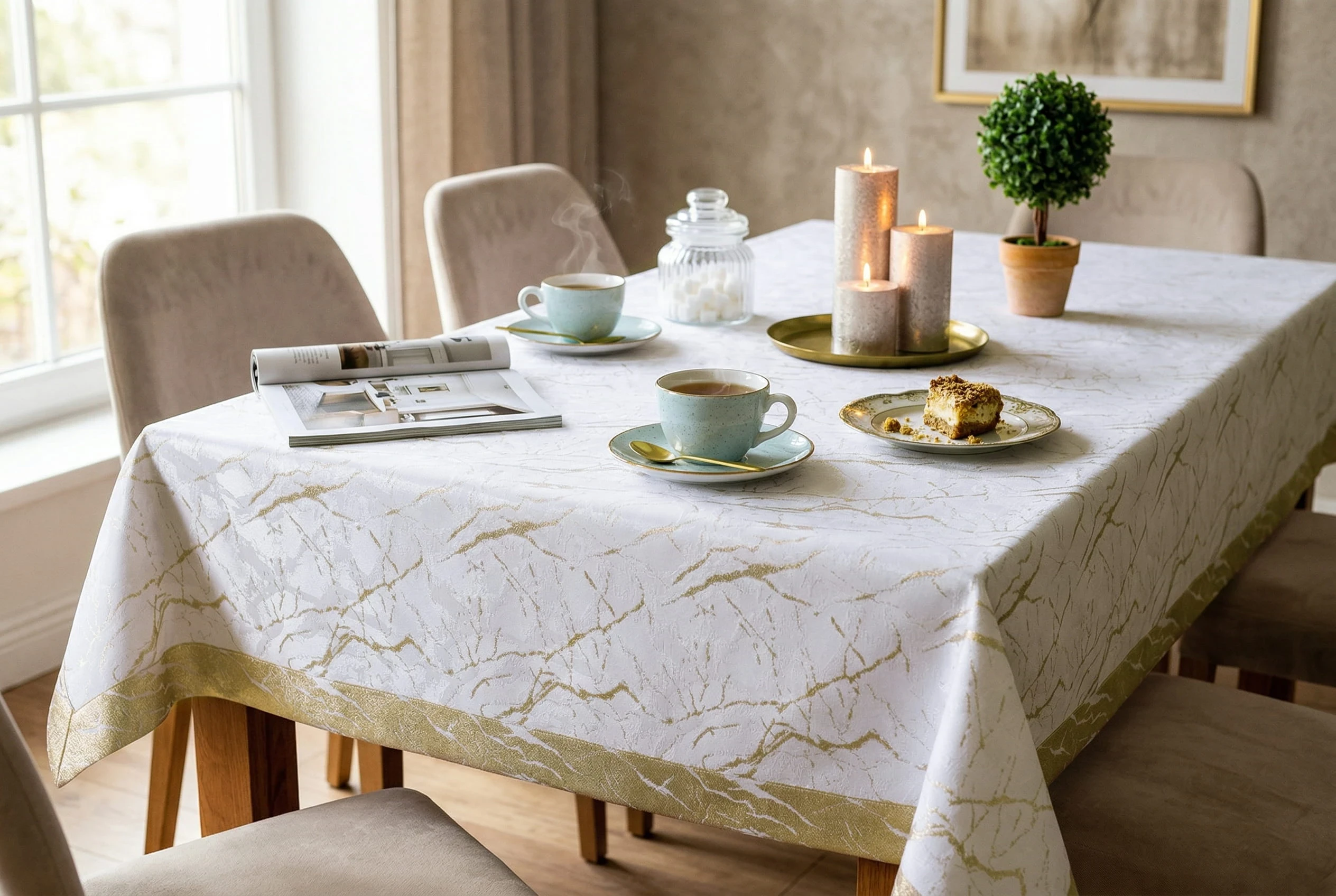 Elegancki Obrus Plamoodporny Kremowo-Złoty, Szyty Kopertowo