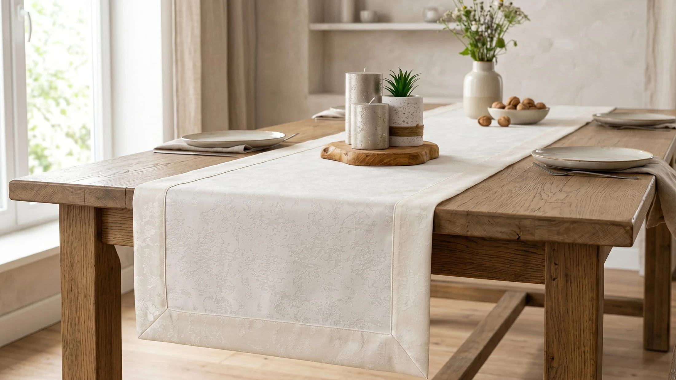 Elegancki Bieżnik Ecru – Wzór Marmurek z Ozdobnym Mankie