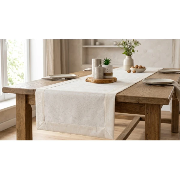 Elegancki Bieżnik Ecru – Wzór Marmurek z Ozdobnym Mankie