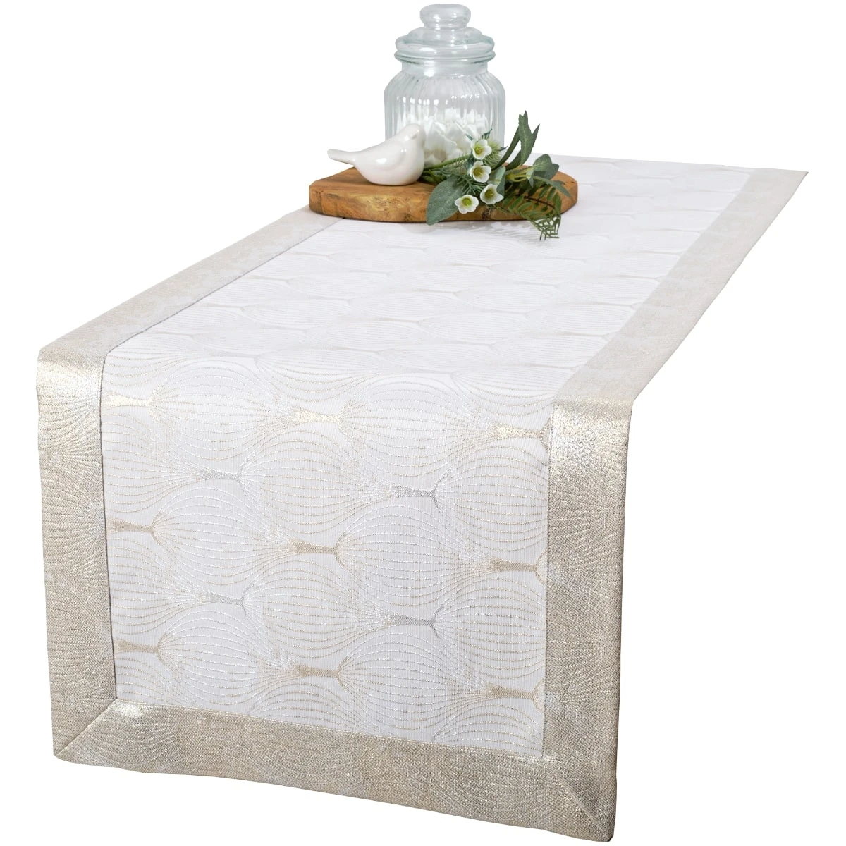 Elegancki Bieżnik Plamoodporny Kremowo-Złoto-Srebrny – M