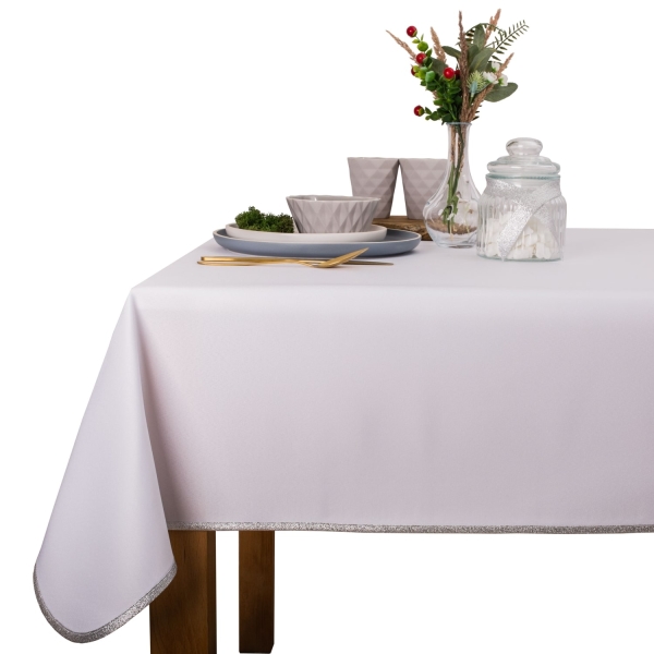 Obrus z lamówką Aurora 2000 biały + lamówka srebrny brok