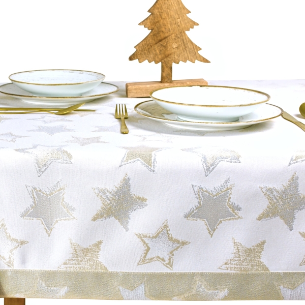 Obrus Świąteczny z Motywem Gwiazd - Srebrno-Złoty Blask L