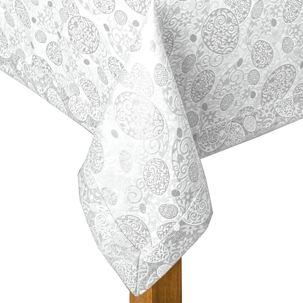 Obrus Wielkanocny Plamoodporny - Srebrne Pisanki - Biało-Sr