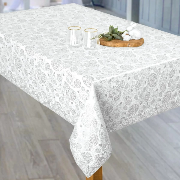 Obrus Wielkanocny Plamoodporny - Srebrne Pisanki - Biało-Sr