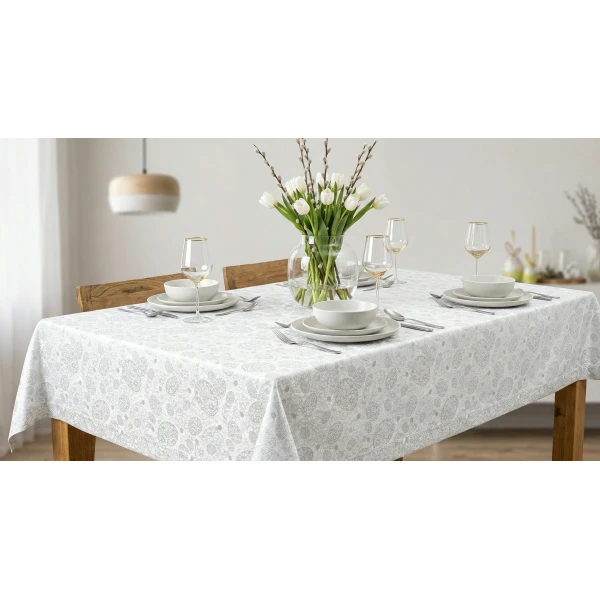 Obrus Wielkanocny Plamoodporny - Srebrne Pisanki - Biało-Sr