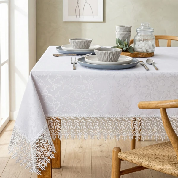 Eleganckie Białe Obrusy, Bieżniki i Serwety z Gipiurą 11